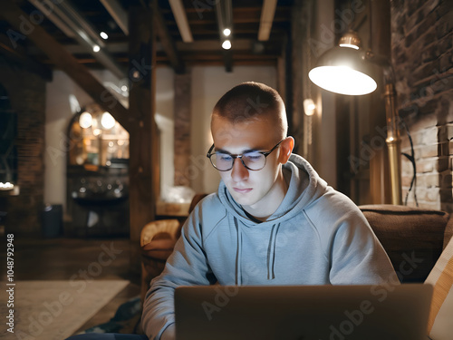 Estudiante concentrado mira intensamente la pantalla de una computadora portátil por la noche 