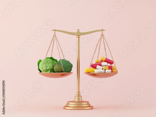 A scale with fresh food on one side and weight loss pills on the other, perfectly balanced, Weighing food vs drugs for weight loss, equilibrium in health and dieting concept