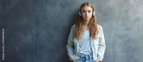 Portrait of a teenage girl wearing headphones in front of a gray wall She is dressed in jeans and a white jacket with a neutral expression and an air of indifference. with copy space image