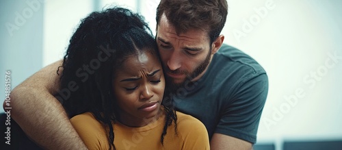 A despondent young European man comforts a crying Black woman during a meeting with a psychologist in an office clinic setting This situation reflects conflict and sorrow family therapy for psychol