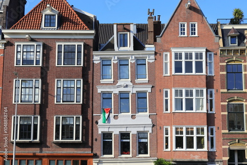 Amsterdam Schippersgracht Canal House Facades with Palestinian Flag