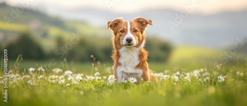  A brown-and-white dog sits in a lush grass field filled with daisies, framed by distant mountains