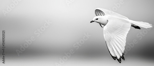  A black-and-white image of a seagull mid-flight, wings expanded, beak pointed skyward