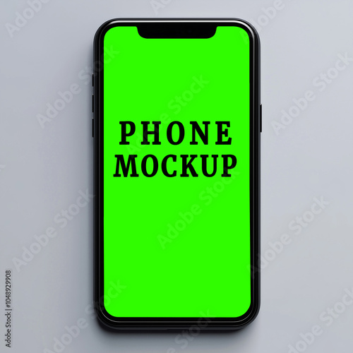 A sleek phone mockup showcasing a vibrant green screen, perfect for app design presentations or marketing materials in a modern workspace