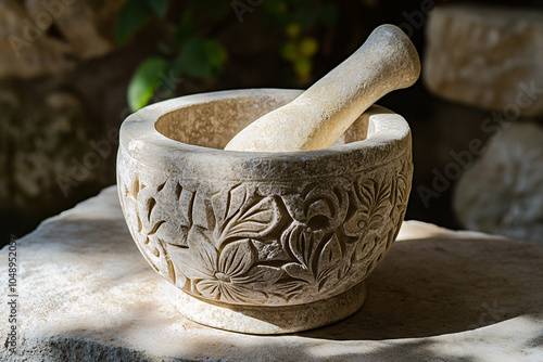 stone mortar and pestle with floral carvings and soft natural lighting on a stone surface in a garden setting