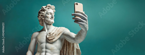 Classical greek marble statue taking a selfie with a smartphone in a modern twist of art