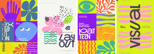 Vibrant poster set featuring creative typography and abstract elements. Includes retro-inspired graphics, minimalist layouts, and modern vector illustrations in a trendy style.