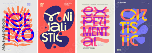 Expressive poster set showcasing bold typography with abstract shapes. Features retro, minimalist, and experimental themes, vibrant color schemes, and artistic layouts for 2025 events.