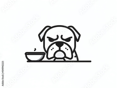 A frustrated dog waiting impatiently for food in a minimalist kitchen setting during mealtime