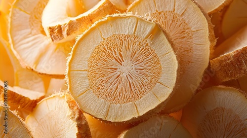 Close up shot of sliced cassava root revealing the starchy fibrous interior texture of this tropical vegetable