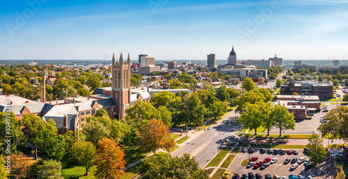 Aerial panorama of Topeka, Kansas along the 10th Avenue. Topeka is the capital city of the U.S. state of Kansas and the county seat of Shawnee County