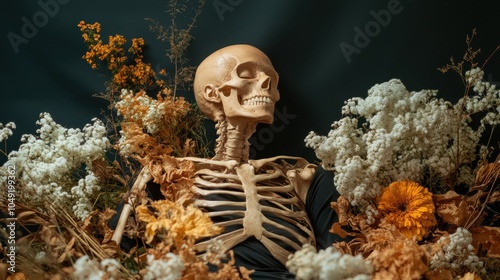 A skeletal figure surrounded by vibrant autumn flowers, contrasting the bare bones with the lush, colorful blossoms, depicting life and death in harmony beautifully.