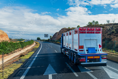 Truck transporting flammable gases in interconnected metal bottles, rear view.