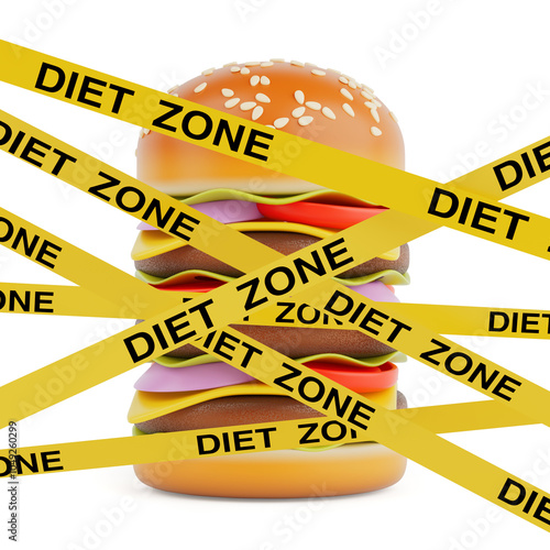 Stacked Premium Delicious Cheeseburger is Surrounded by Yellow Caution Tape with Diet Zone Printed on It. 3d Rendering