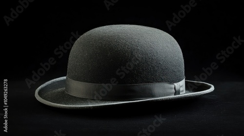 A Black Bowler Hat with a Ribbon on a Black Background