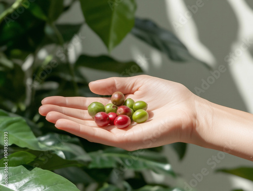 Female / Woman's Hand Holding Fresh Coffee Berries (Coffea arabica) – A Natural Source for Skincare Benefits