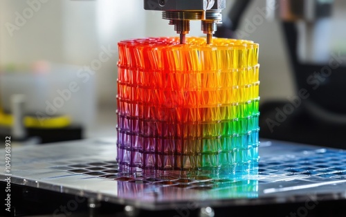 3D printer extruding rainbow-colored plastic layers. Additive manufacturing and technology concept