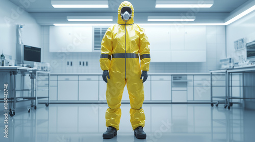 A full-body hazmat suit, bright yellow with reflective strips, standing in a sterilized lab environment. Sterile white walls and medical equipment surround it, with cold, clinical lighting. 