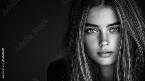 A dramatic black-and-white portrait of a long-faced individual gazing thoughtfully into the distance. The high contrast highlights their facial structure and expressive eyes, creating an emotive 