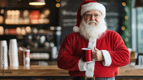 Santa impatiently waiting in line at a crowded coffee shop, holding a Merry Stressmas mug, visibly frustrated