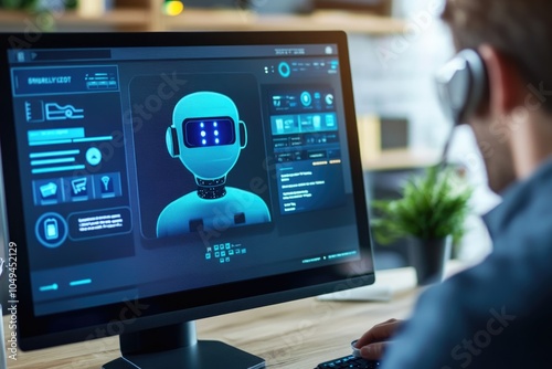 A close-up of a computer screen showing a customer service chatbot interface, with a professional analyzing the effectiveness of the AI in providing support