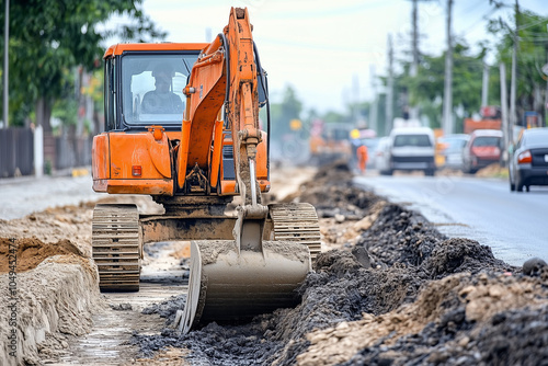 Excavation work on the road to install fiber optic infrastructure for high-speed internet