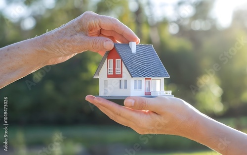 old man give house model to younger hand. Transfer inheritance asset