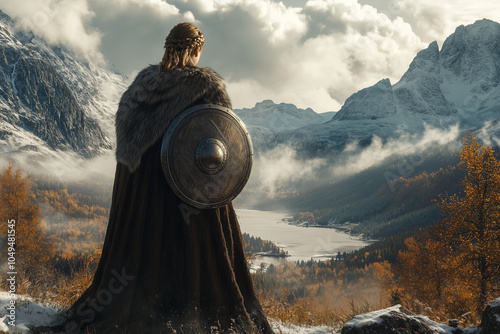 Scandinavian Shield-Maiden in Fur Cloak Stands with Sword and Axe: A Fierce Warrior of the Viking Age