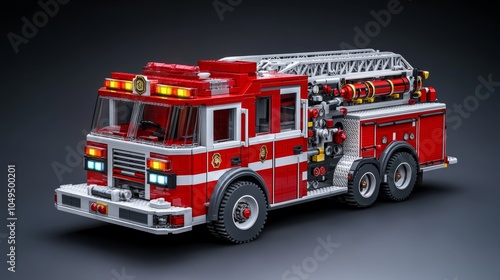 Red Fire Truck Toy Model Isolated on Black Background