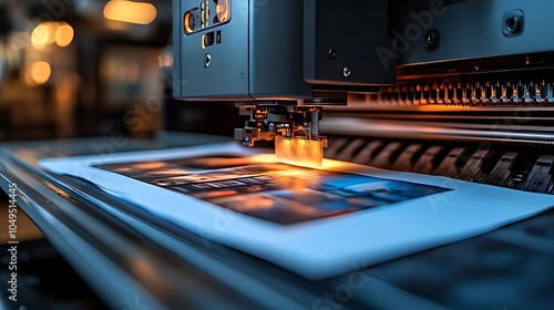 Close-up of a large format printer printing a colorful image on a sheet of paper.