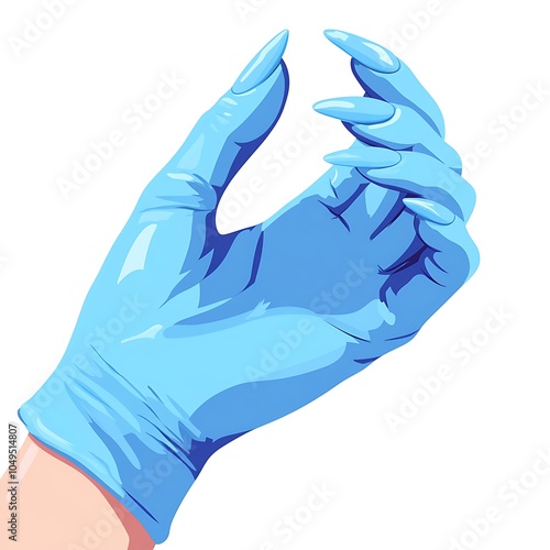 Digital illustration of a hand wearing a blue medical glove in a cautious and protective posture, symbolizing safety and hygiene.