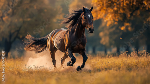 Close-up of a horse galloping through an open field, dust kicking up in the air with a wide open background for text.