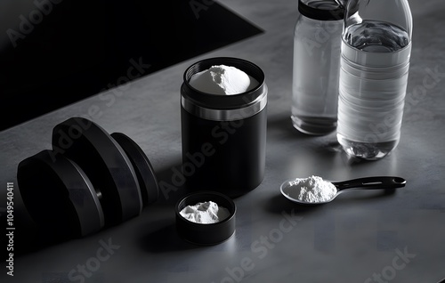 fitness supplement and dumbbells on the counter