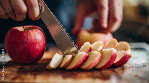 2410_022.close-up of apple being divided into wedges, metal apple slicer device, contrasting red apple skin and pale flesh, rustic kitchen setting, focus on hands and tool