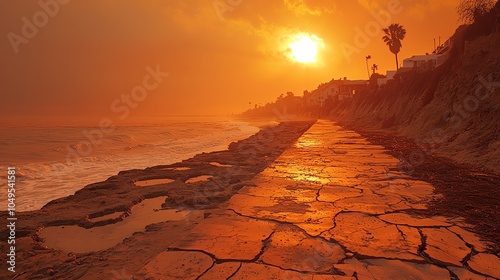 7 El Ninos heatwave over a coastal town, cracked sidewalks, shimmering heat haze over the beach, long shot from cliff edge, warm glowing sky, high contrast, dramatic lighting