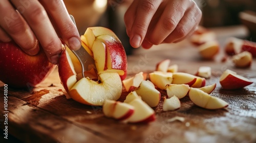 2410_021.hands using apple corer slicer tool, red and yellow apple segments, wooden table surface, scattered apple pieces, warm lighting, food preparation scene