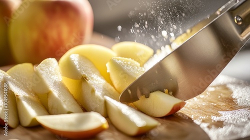 2410_024.detailed shot of apple slicer in action, perfectly aligned apple wedges, stainless steel blades, golden-hued tabletop, soft shadows, culinary craftsmanship