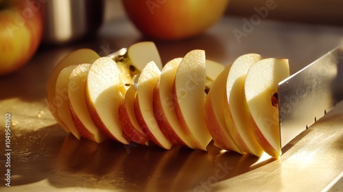 2410_024.detailed shot of apple slicer in action, perfectly aligned apple wedges, stainless steel blades, golden-hued tabletop, soft shadows, culinary craftsmanship