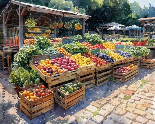 Craft a birds-eye view scene of a bustling farmers market intertwining vibrant produce with chirping wildlife Blend watercolor strokes for an organic