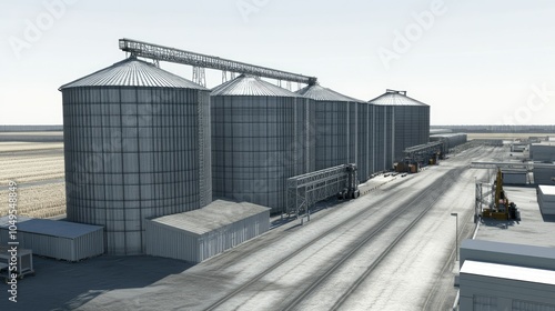 A row of large grain silos next to a spacious warehouse, set in an industrial area, with clear paths and heavy machinery visible.