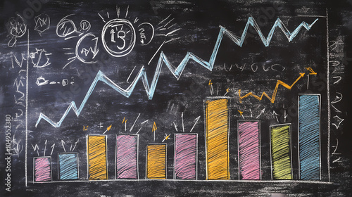 A chalkboard with hand-drawn economic growth theories and formulas blending education with business strategy. Chalkboard Drawing. Illustration