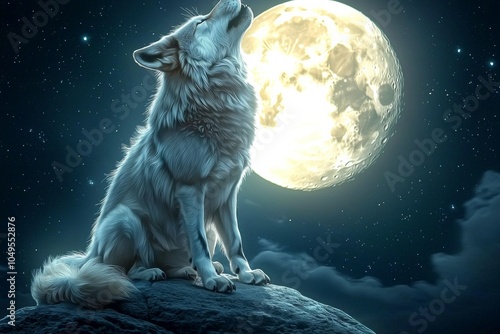 Majestic wolf howling at a full moon under a starry night sky.