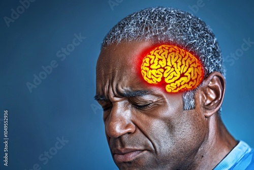 Man with closed eyes experiencing mental stress, brain graphic overlay.