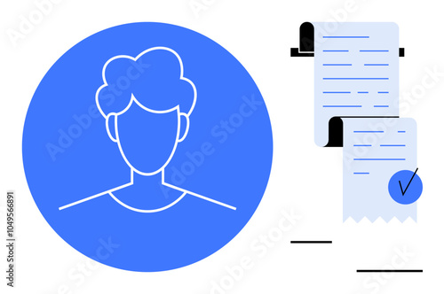 Circle with a basic human avatar on the left and two documents with a checkmark on the right. Ideal for identification, verification, approval processes, personal account creation, administrative