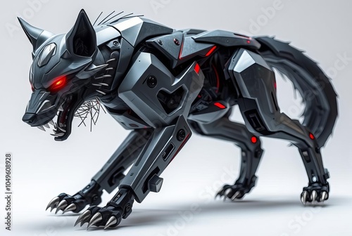 Cybernetic Wolf Grey and black metallic fur glowing red eyes syn