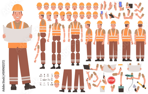 Builder character constructor. Man in uniform and helmet, worker or foreman. Set of arm, leg and body positions for creating animations