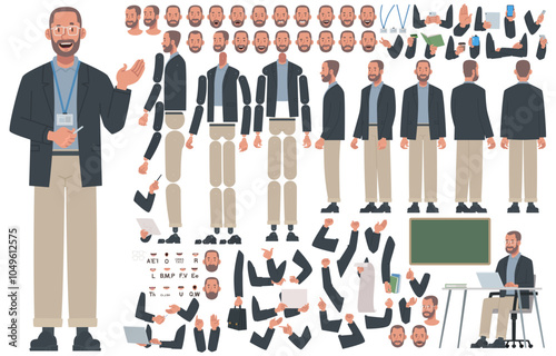 Teacher character constructor. Male scientist or speaker. Set of hands, legs and body positions for creating animations