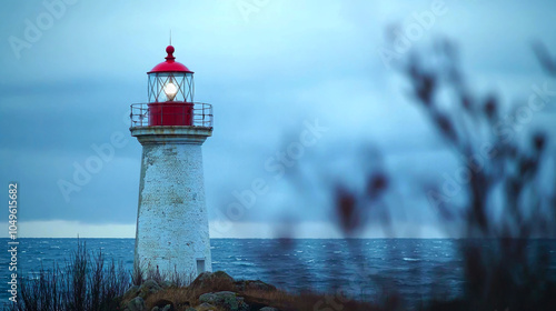 A lighthouse stands tall on a rocky coast, its beacon shining brightly against a stormy sky.