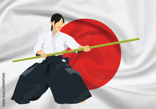 147-12-Martial artist practicing aikido with a jo staff in front of waving japanese flag