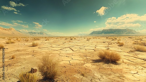 13 Vast desert landscape, remnants of a dried riverbed, scattered shrubs and rocks, midday heatwave distorting the horizon, panoramic shot, warm color palette, extreme brightness